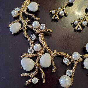 Oscar de la Renta Style Coral Necklace Pearls Crystals, Necklace & Earrings Set